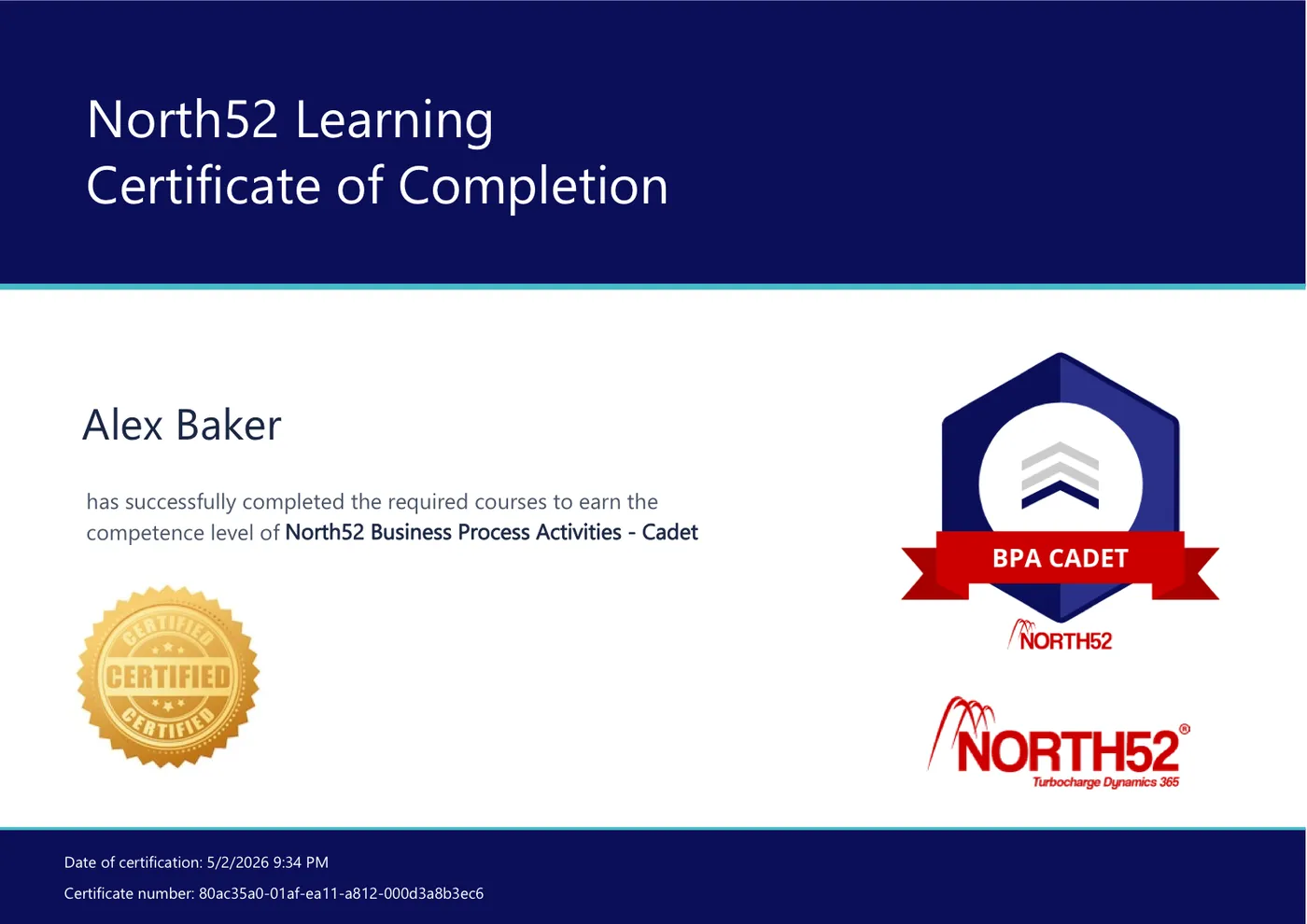 The finished certificate PDF: a North52 Learning certificate of completion for the BPA Cadet competence level, with a seal, the North52 logo, and the certification date and number along the foot.