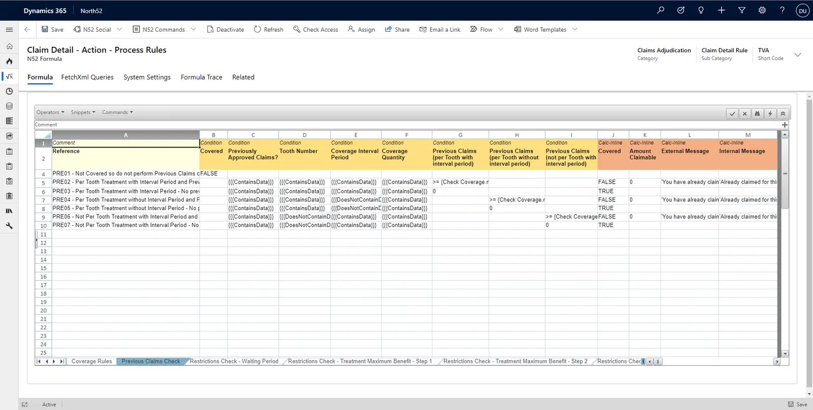 A North52 decision table in Dynamics 365: claims adjudication conditions mapped to coverage and message actions.