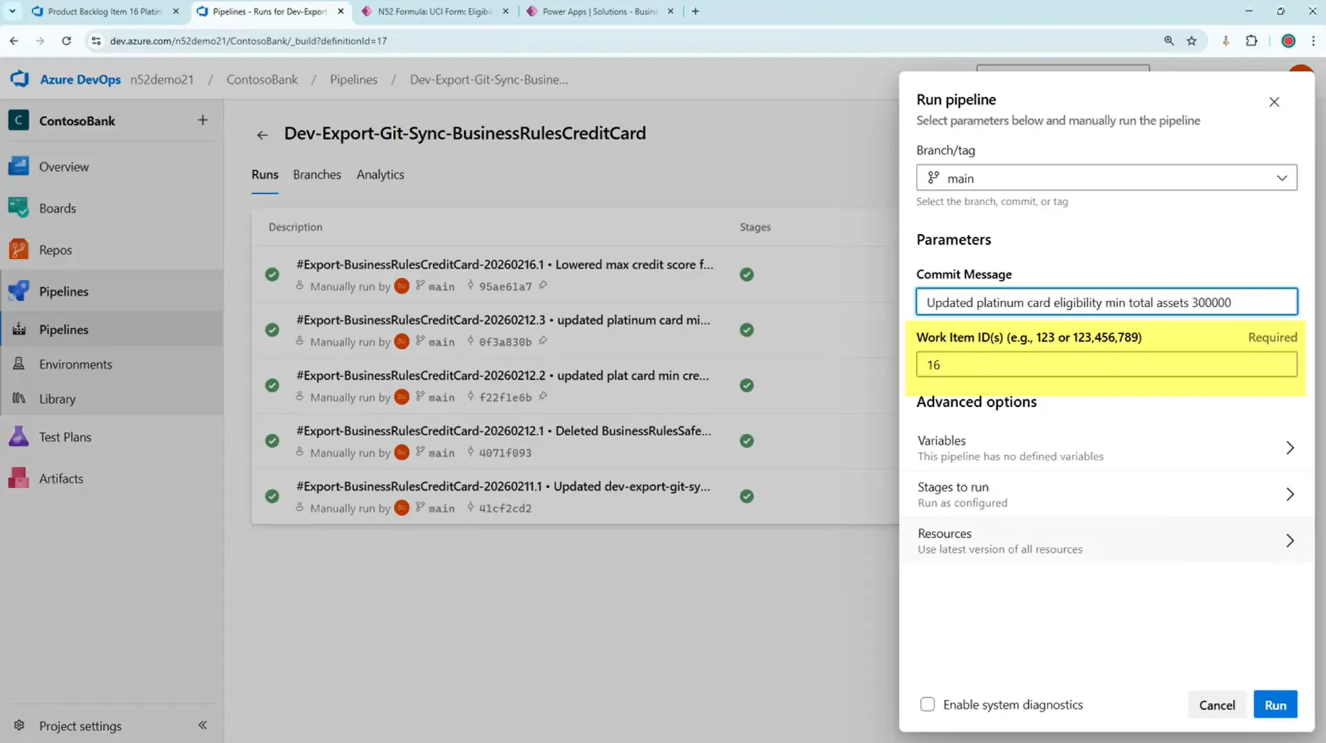 An Azure DevOps pipeline exporting a North52 credit-card rule set, with previous runs listed and a work item ID required on the run being started.