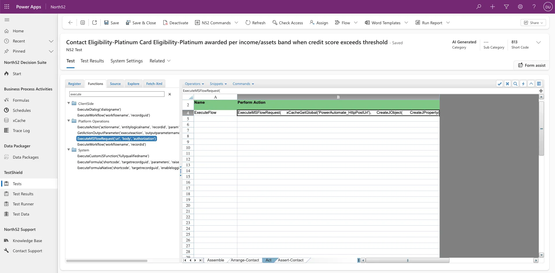 The Act sheet of the same test: a single Perform Action row named ExecuteFlow, calling ExecuteMSFlowRequest with a URL pulled from xCache and a JSON body built inline. The function browser beside it lists the platform operations available, with ExecuteMSFlowRequest selected.