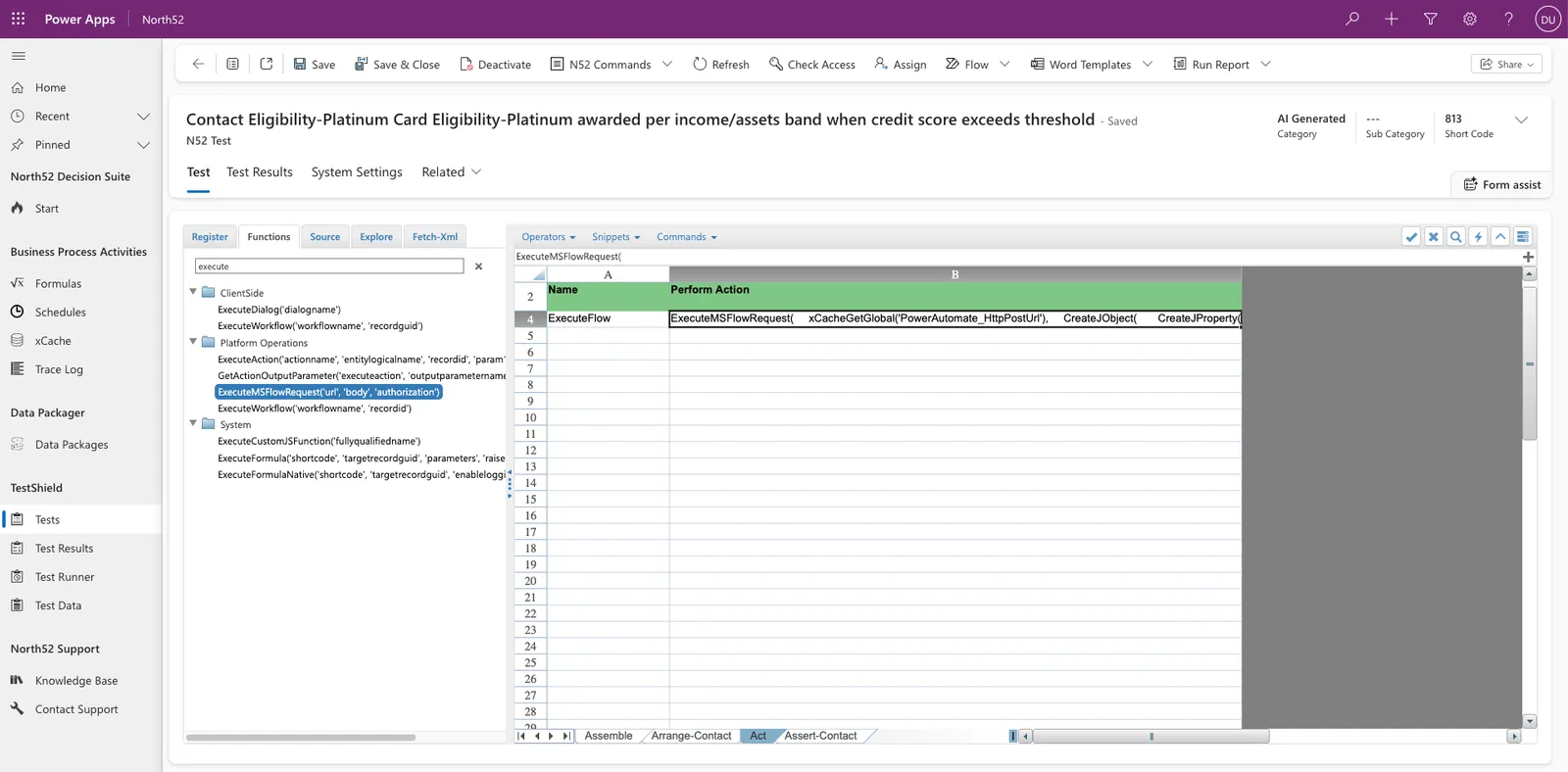 The Act sheet of the same test: a single Perform Action row named ExecuteFlow, calling ExecuteMSFlowRequest with a URL pulled from xCache and a JSON body built inline. The function browser beside it lists the platform operations available, with ExecuteMSFlowRequest selected.
