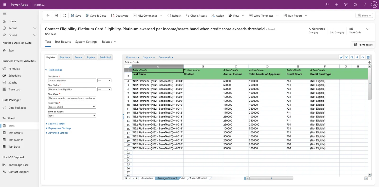 The Arrange sheet of the same test: eighteen Action-Create rows, each building a contact with a last name, an annual income from 50,000 to 250,000, total assets from 100,000 to 2,000,000, a credit score from 600 to 751, and a credit card type of Not Eligible.