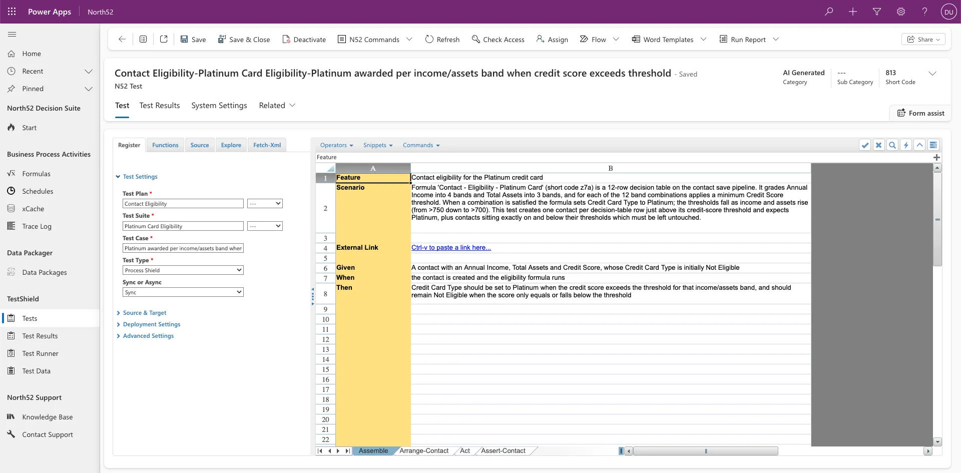 A TestShield test in Power Apps titled Contact Eligibility, Platinum Card Eligibility. The Assemble sheet holds a Gherkin scenario: a feature line, a scenario describing a twelve-row decision table grading annual income into four bands and total assets into three, then Given a contact with income, assets and a credit score whose card type is Not Eligible, When the contact is created and the eligibility formula runs, Then the card type should be set to Platinum when the score exceeds the threshold for that band and remain Not Eligible when it only equals or falls below it.