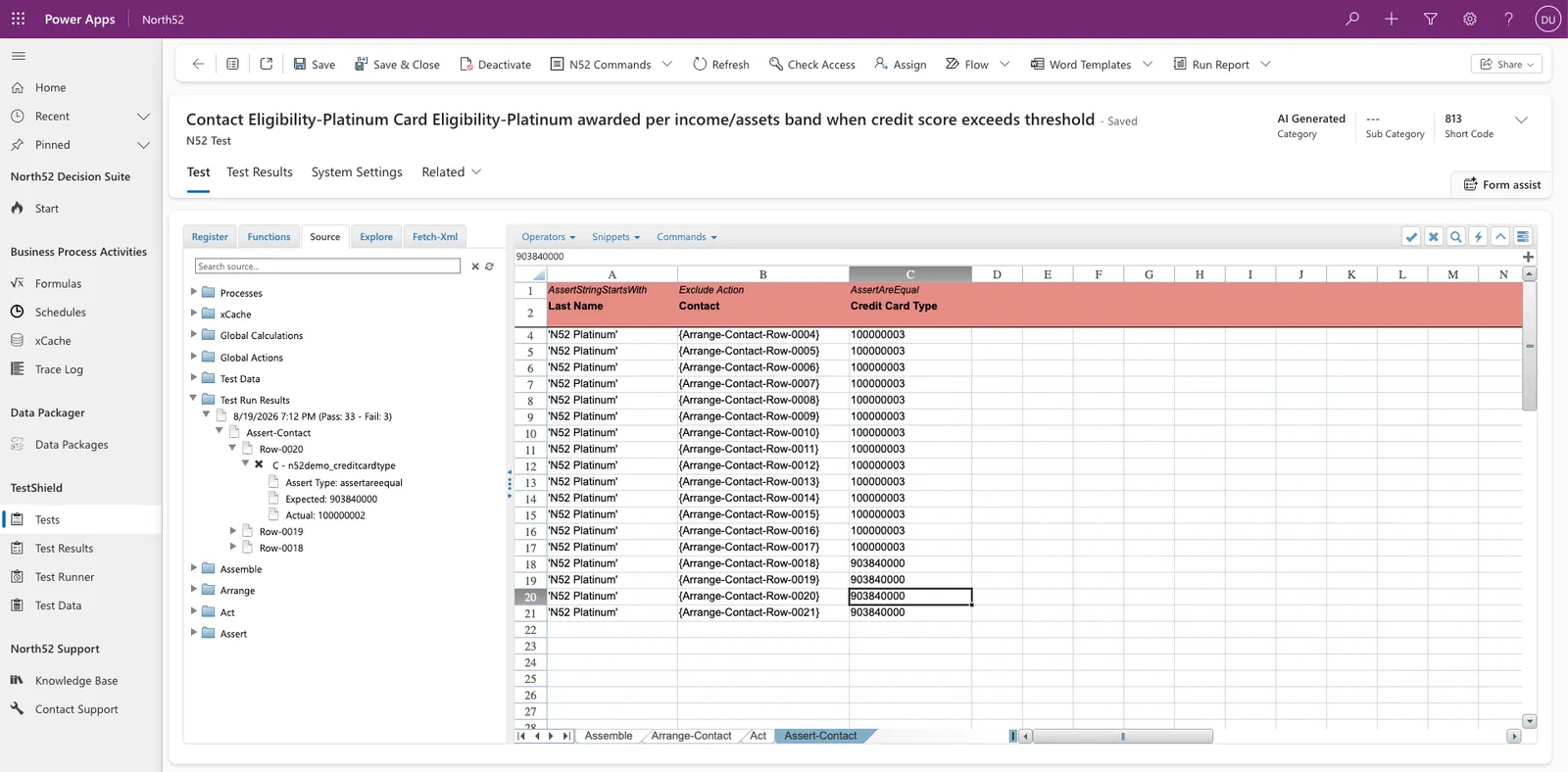 The Assert sheet of the same test, checking the credit card type on each arranged contact, beside a test run result tree reading 33 passed and 3 failed. One failing row is expanded to show the assert type, the expected value and the actual value it got instead.