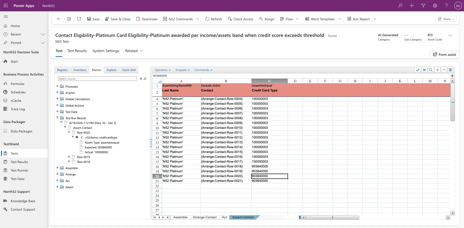 The Assert sheet of the same test, checking the credit card type on each arranged contact, beside a test run result tree reading 33 passed and 3 failed. One failing row is expanded to show the assert type, the expected value and the actual value it got instead.
