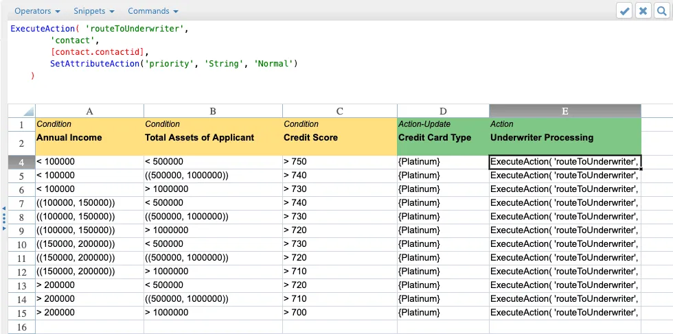 The North52 Formula Manager: an ExecuteAction formula routing a contact to an underwriter, above the decision table whose action column calls it.