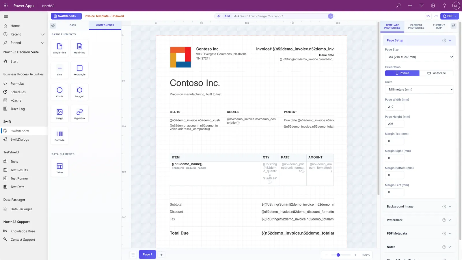 The SwiftReports designer open inside Power Apps, showing the invoice template on its canvas with Dataverse field names in place of the values, and the data and element panels either side.