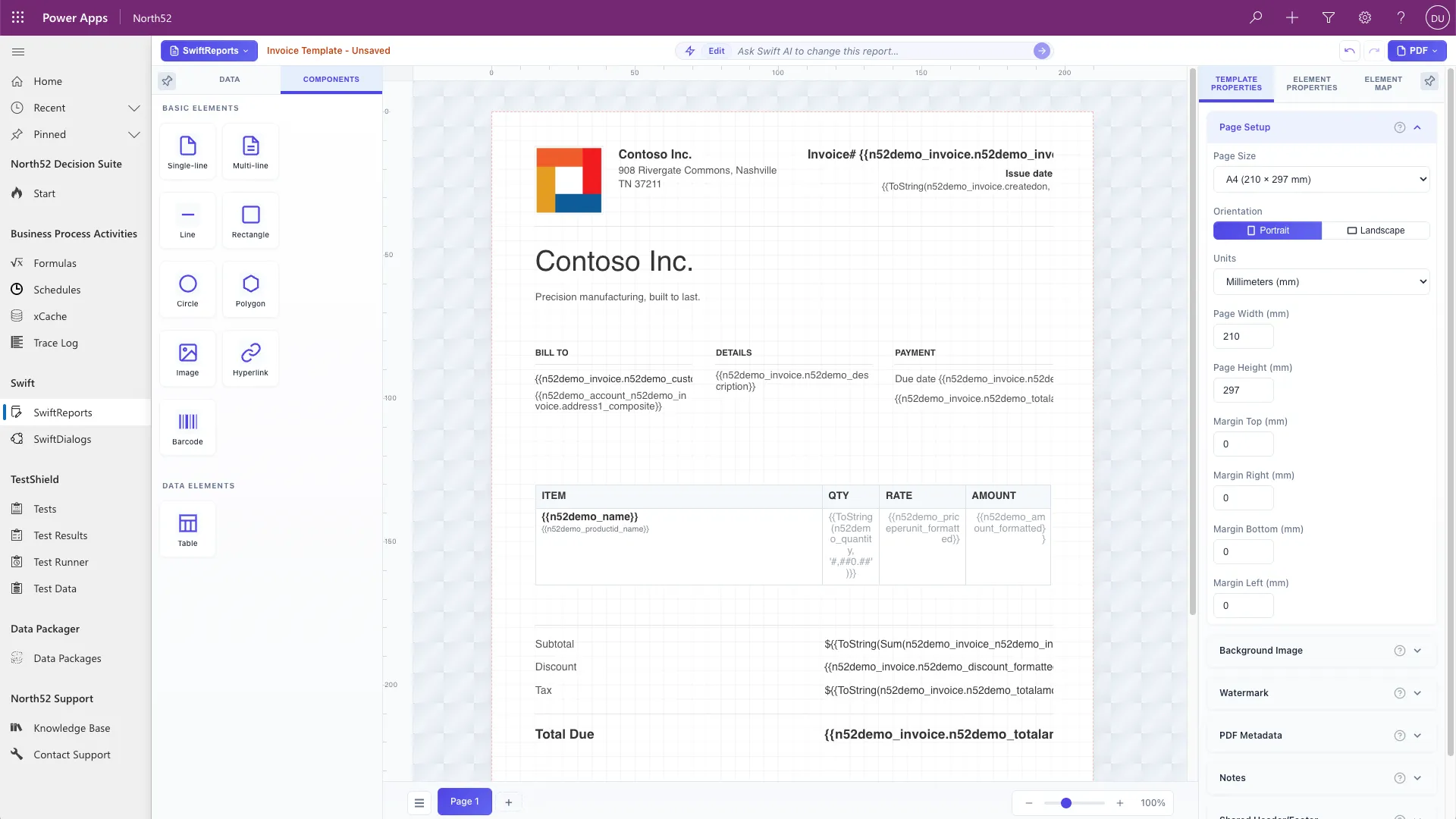 The SwiftReports designer open inside Power Apps, showing the invoice template on its canvas with Dataverse field names in place of the values, and the data and element panels either side.
