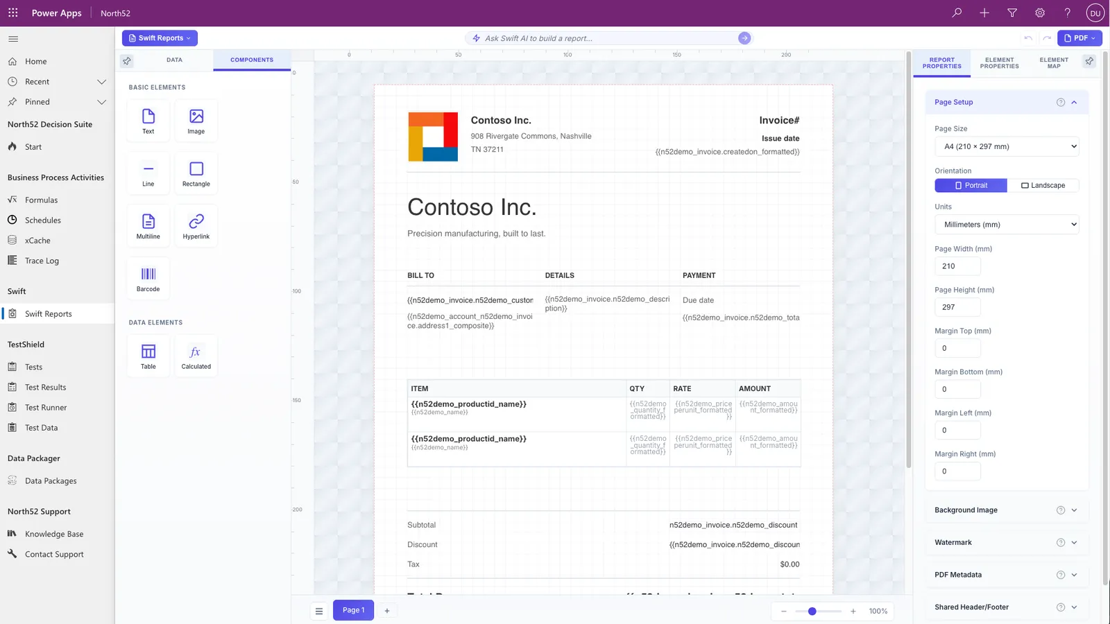 The SwiftReports designer open inside Power Apps, showing the invoice template on its canvas with Dataverse field names in place of the values, and the data and element panels either side.