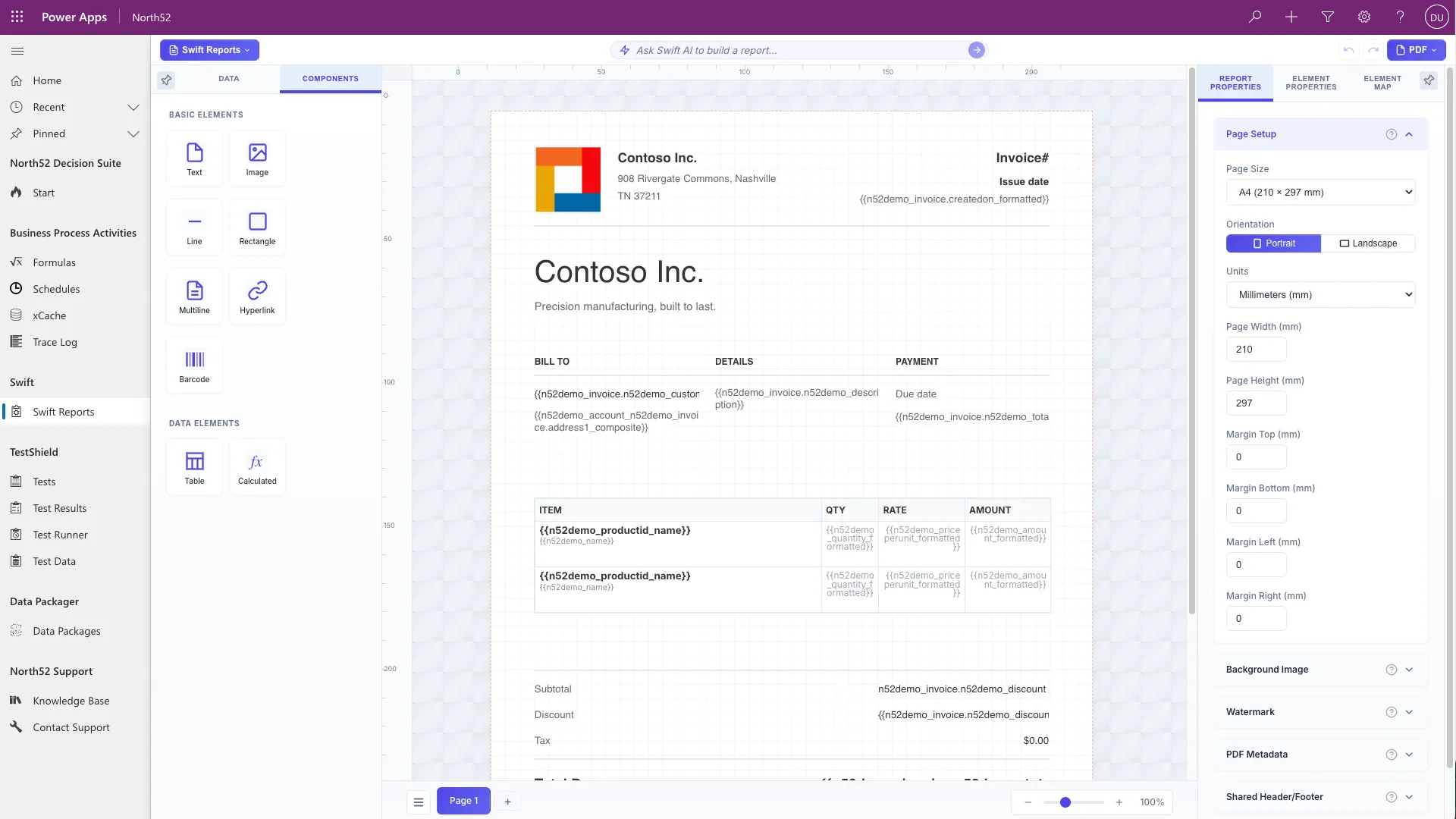 The SwiftReports designer open inside Power Apps, showing the invoice template on its canvas with Dataverse field names in place of the values, and the data and element panels either side.