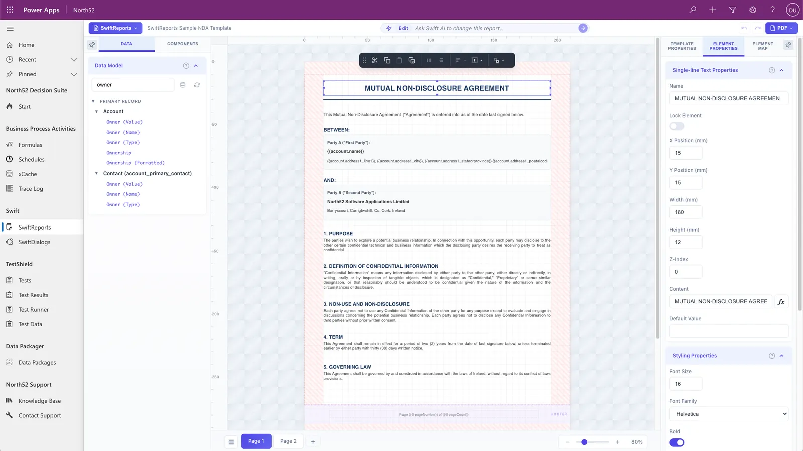 The SwiftReports designer open inside Power Apps, showing a two-page non-disclosure agreement template with account name and address fields where the party details go, the data model panel on the left, and the properties of the selected title element on the right.