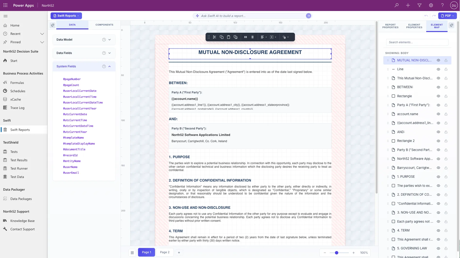 The SwiftReports designer open inside Power Apps, showing a two-page non-disclosure agreement template with account name and address fields where the party details go, and an element map listing every clause down the right.