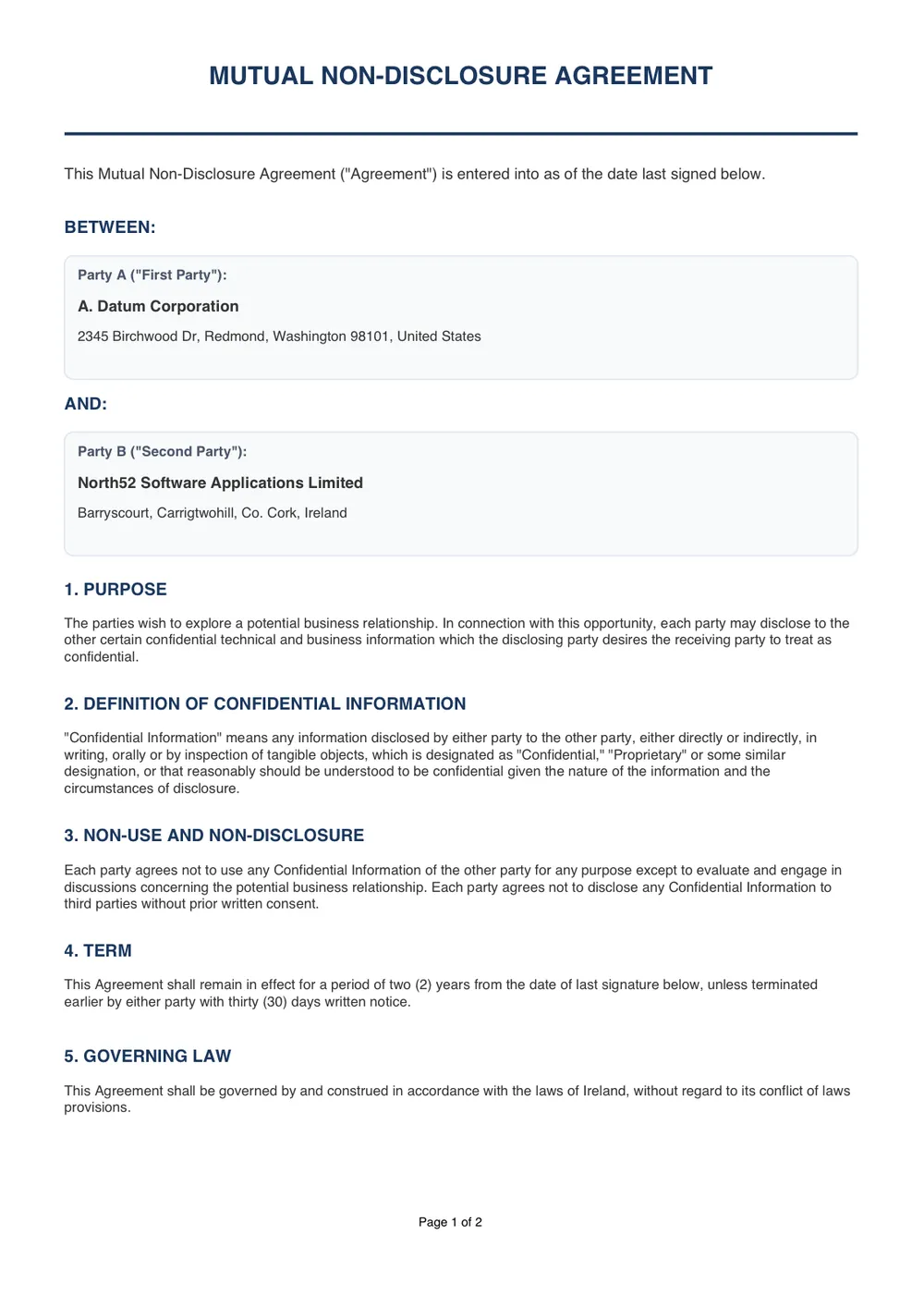 The finished non-disclosure agreement PDF: a mutual NDA between A. Datum Corporation and North52 Software Applications Limited, with numbered clauses covering purpose, definition of confidential information, non-use, term and governing law.