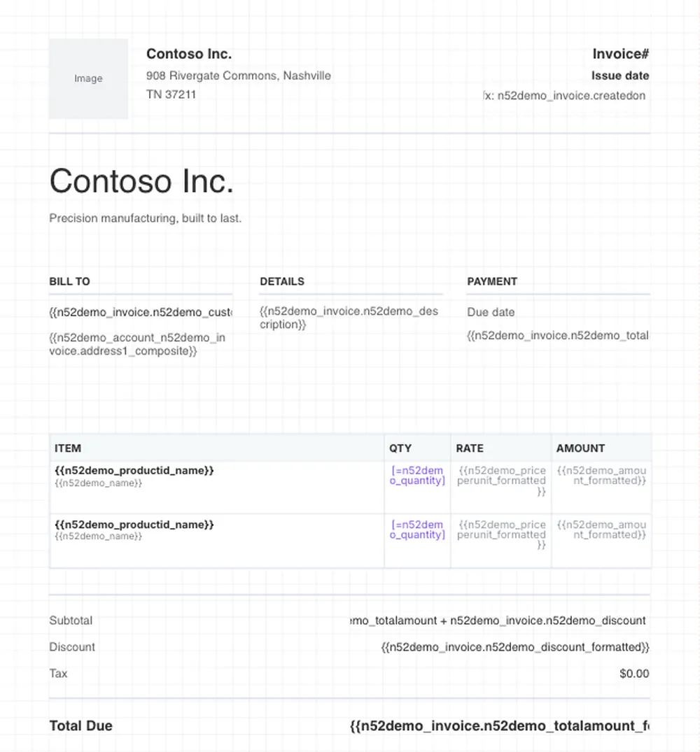 The same invoice rebuilt as a SwiftReports template. The layout and branding are identical and the two line item rows line up with the invoice beside it, but every value is replaced by the Dataverse field it binds to, such as the customer name, the line item quantity and the invoice total.
