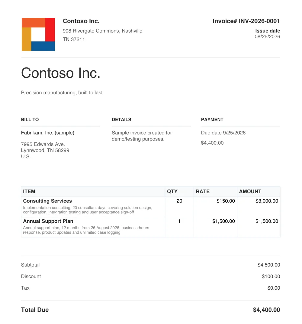 An invoice from Contoso Inc. to Fabrikam, numbered INV-2026-0001, with two priced line items, consulting services and an annual support plan, and a total due of $4,400.00.