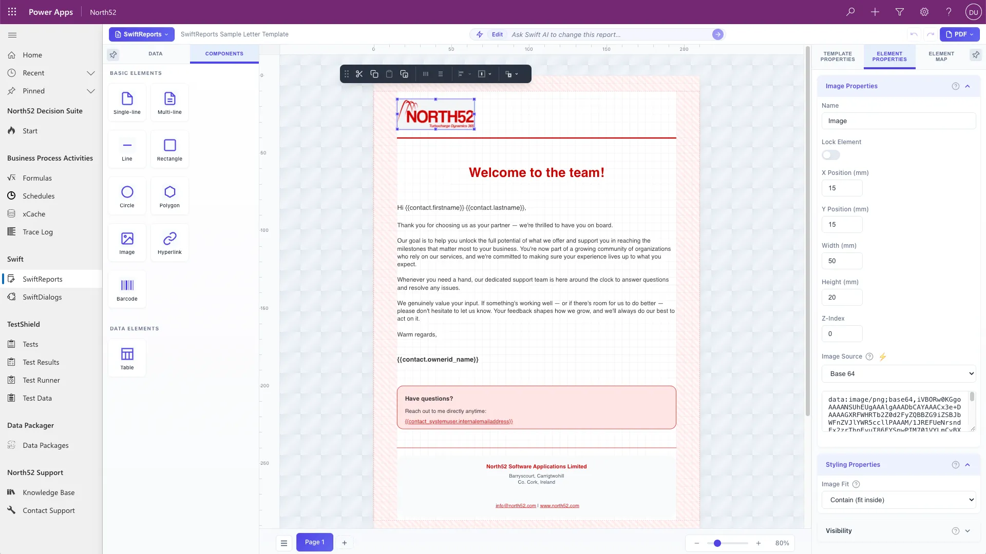 The SwiftReports designer open inside Power Apps, showing a welcome letter template with contact first name and last name fields in the greeting and owning user fields in the signature, with the components panel on the left and the properties of the selected logo image on the right.