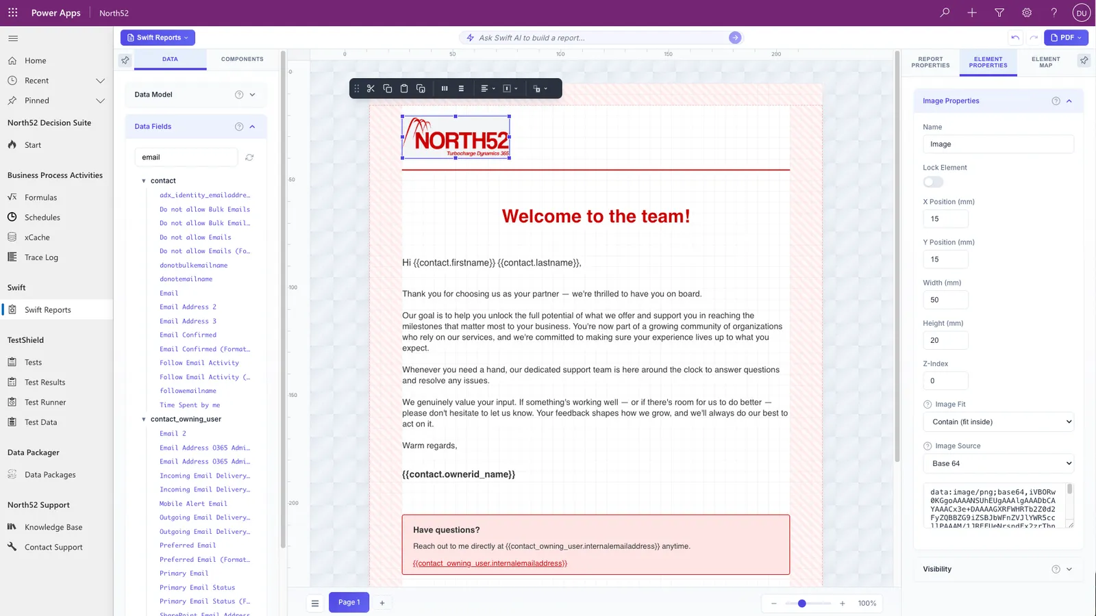 The SwiftReports designer open inside Power Apps, showing a welcome letter template with contact first name and last name fields in the greeting and owning user fields in the signature, beside a data panel listing the available contact fields.