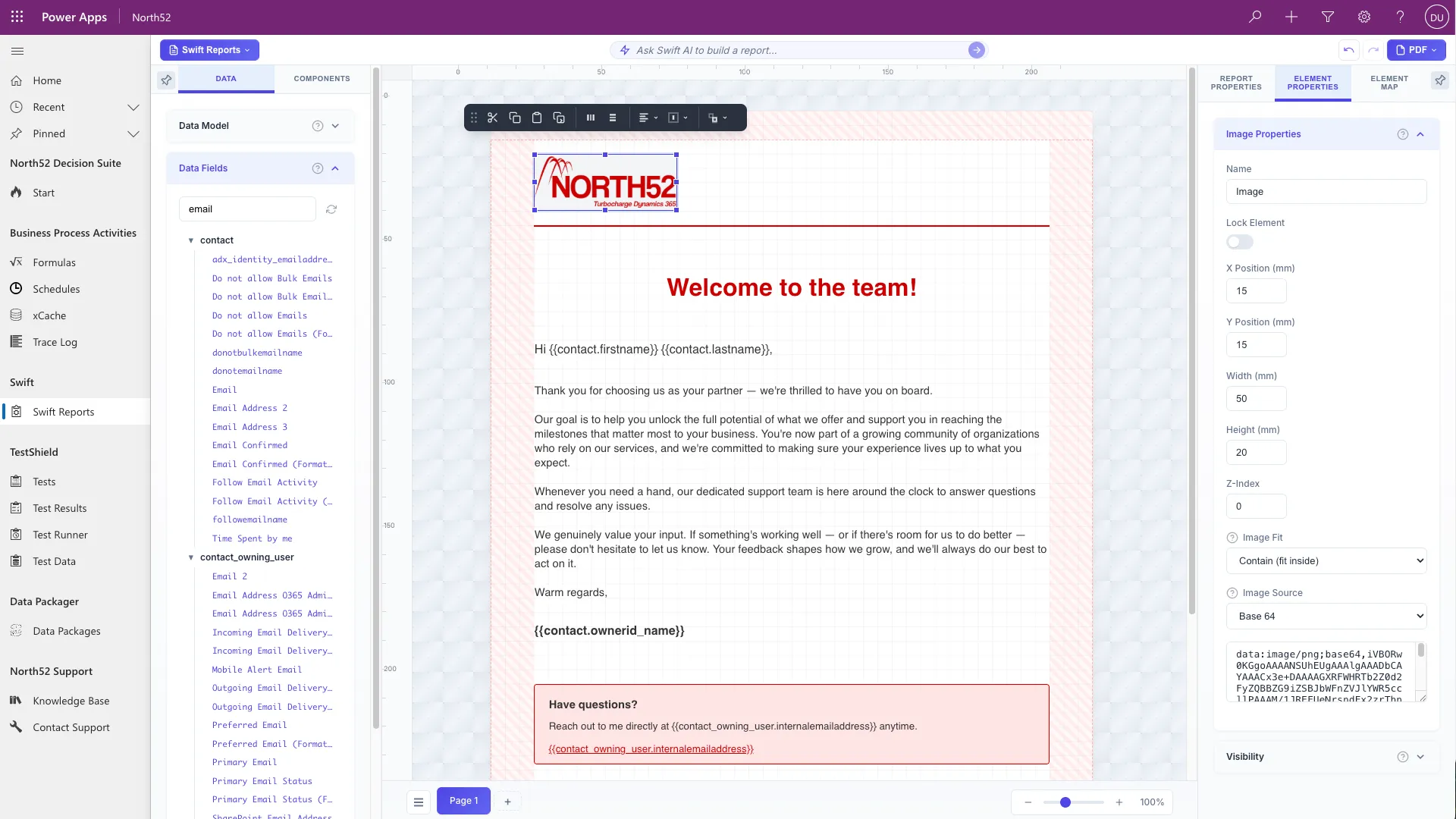 The SwiftReports designer open inside Power Apps, showing a welcome letter template with contact first name and last name fields in the greeting and owning user fields in the signature, beside a data panel listing the available contact fields.