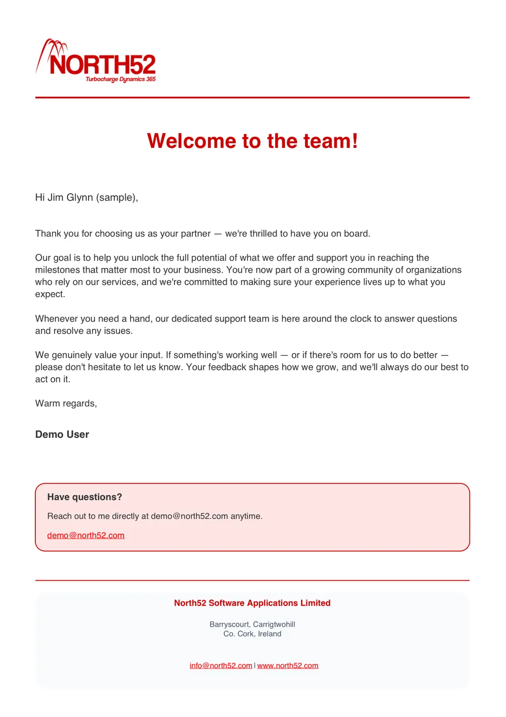 The finished welcome letter PDF: North52 branded stationery headed “Welcome to the team!”, addressed to a named contact, signed off by the record owner, with a “Have questions?” panel carrying their email address and the company address in the footer.